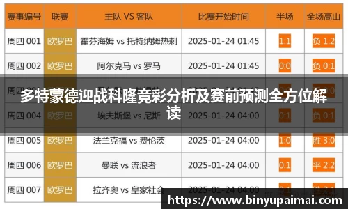 多特蒙德迎战科隆竞彩分析及赛前预测全方位解读